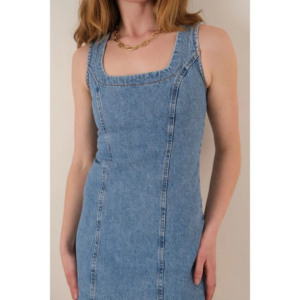 Vintage 90s Medium Wash Cotton Denim Paneled Sleeveless Mini Dress - Picture 7 of 8